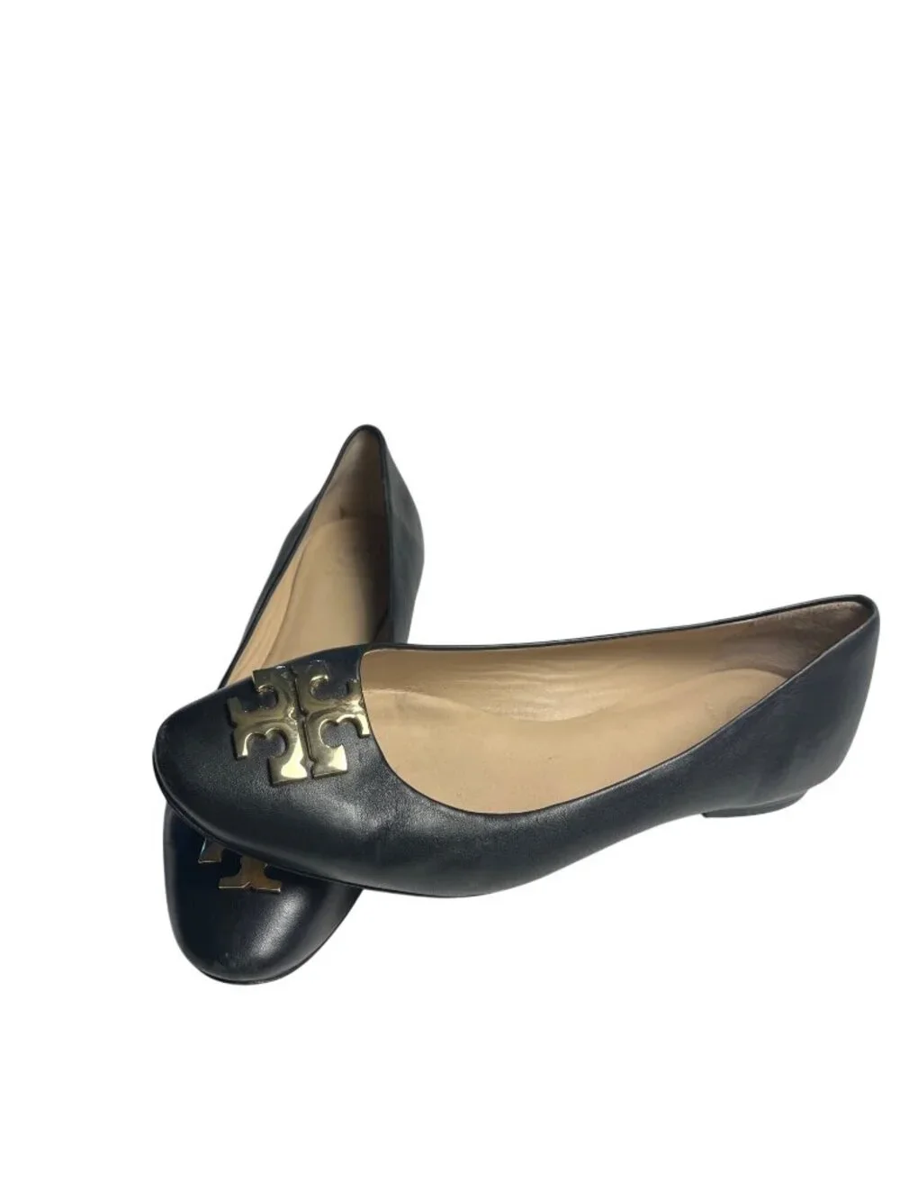 Tory Burch Black Leather Logo Ballet Flats Womens Size 8M With Gold Hardware